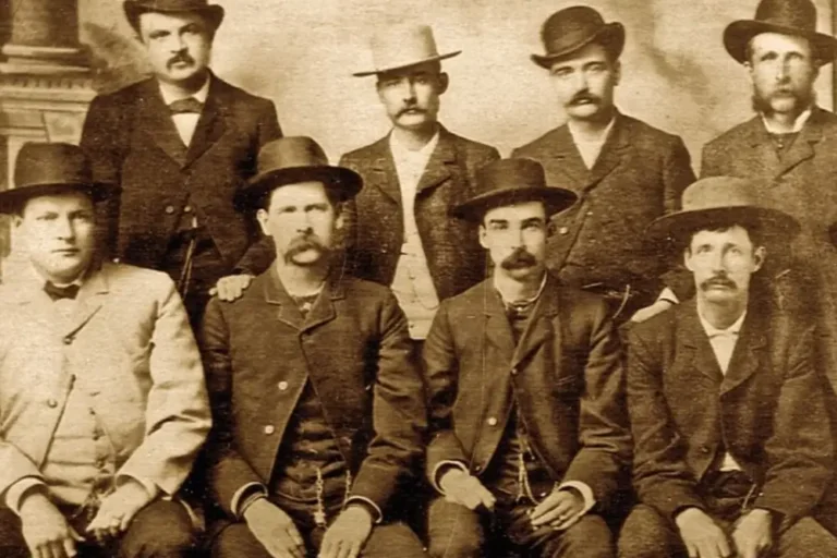Bat Masterson (standing second from right), Wyatt Earp (sitting second from left), and other deputy marshals during the Wild West era